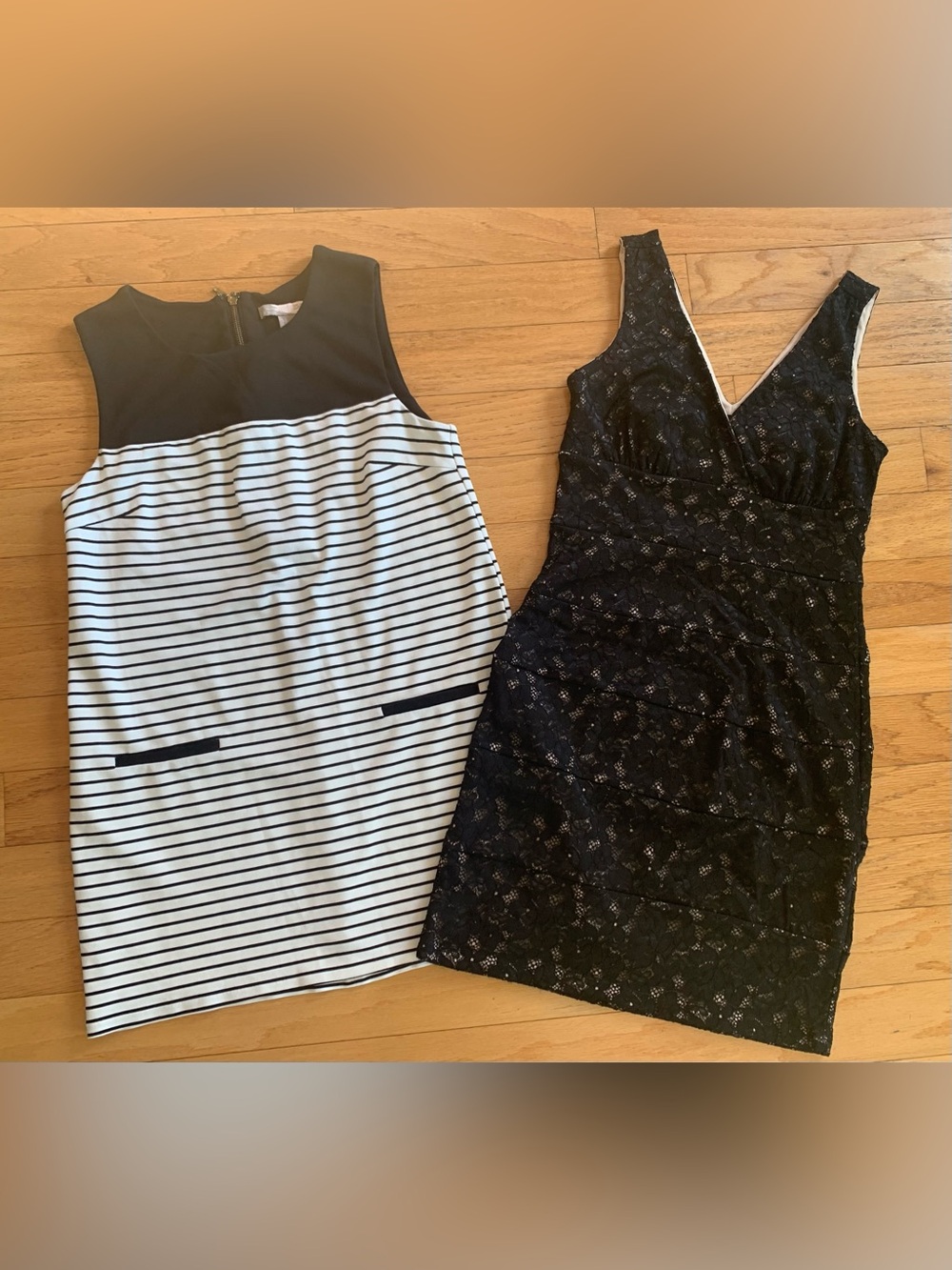Black & White striped shift dress and Black Lace V-Neck Sleeveless Stretch Dress